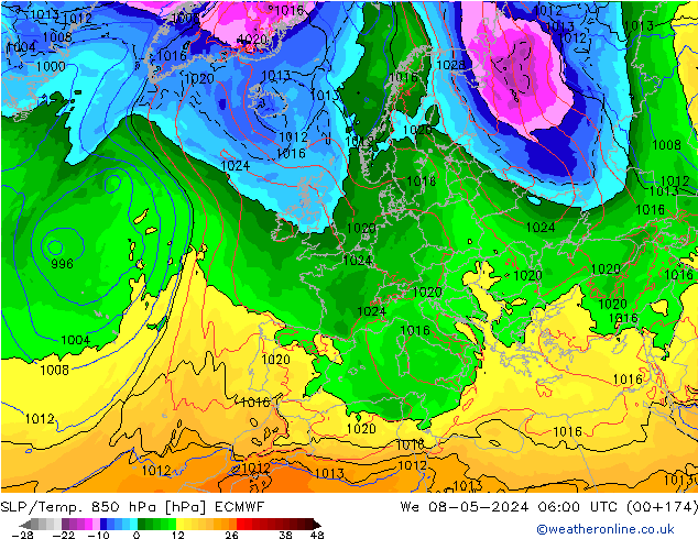 SLP/Temp. 850 hPa ECMWF Mi 08.05.2024 06 UTC