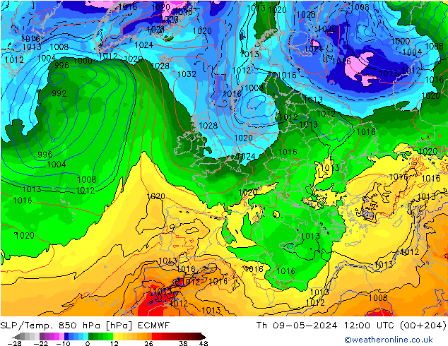 SLP/Temp. 850 гПа ECMWF чт 09.05.2024 12 UTC