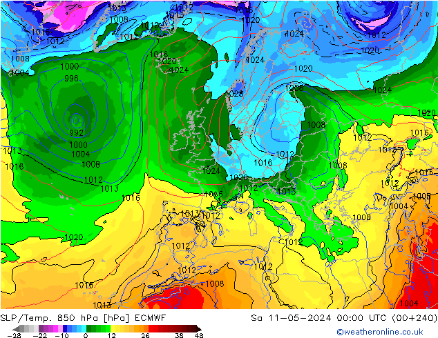 SLP/Temp. 850 hPa ECMWF Sáb 11.05.2024 00 UTC