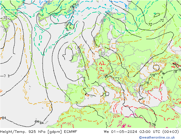 Height/Temp. 925 hPa ECMWF mer 01.05.2024 03 UTC