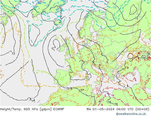 Height/Temp. 925 hPa ECMWF Mi 01.05.2024 06 UTC