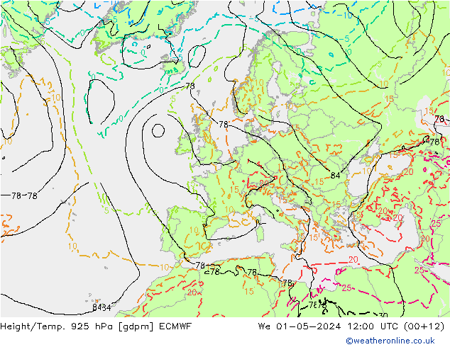 Height/Temp. 925 hPa ECMWF St 01.05.2024 12 UTC