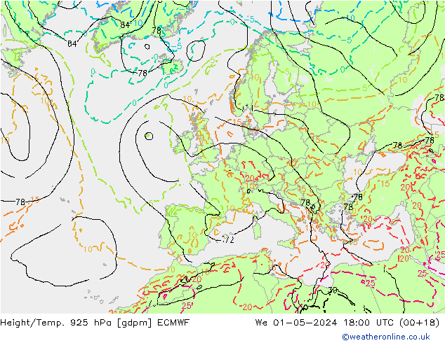 Height/Temp. 925 hPa ECMWF Mi 01.05.2024 18 UTC