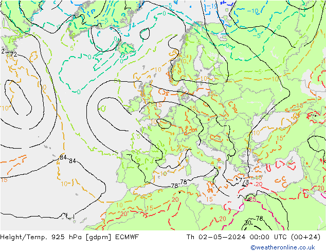 Height/Temp. 925 hPa ECMWF Th 02.05.2024 00 UTC