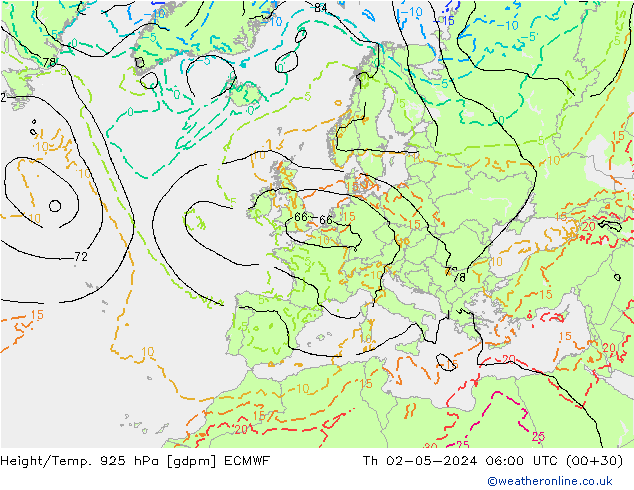 Height/Temp. 925 hPa ECMWF Th 02.05.2024 06 UTC