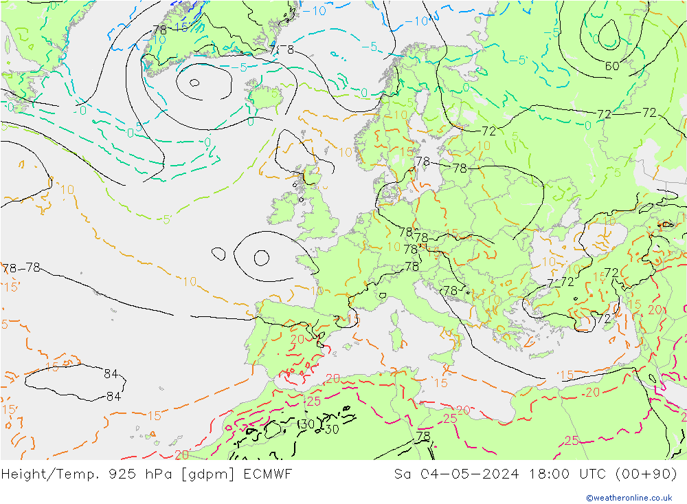 Height/Temp. 925 hPa ECMWF Sa 04.05.2024 18 UTC