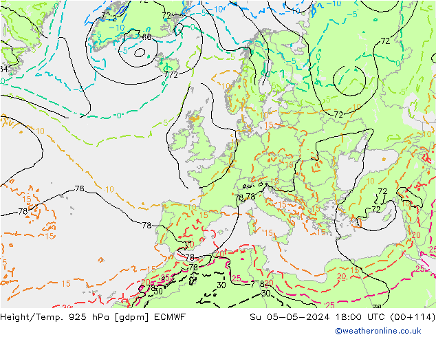 Height/Temp. 925 hPa ECMWF Su 05.05.2024 18 UTC