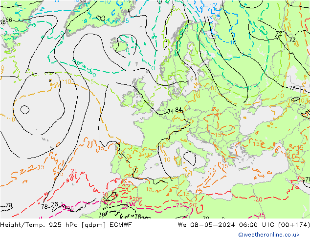 Yükseklik/Sıc. 925 hPa ECMWF Çar 08.05.2024 06 UTC