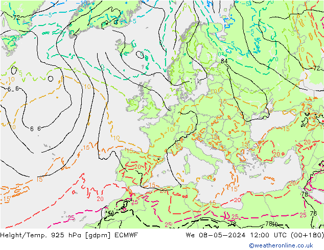 Height/Temp. 925 hPa ECMWF We 08.05.2024 12 UTC