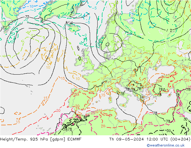 Height/Temp. 925 hPa ECMWF Čt 09.05.2024 12 UTC