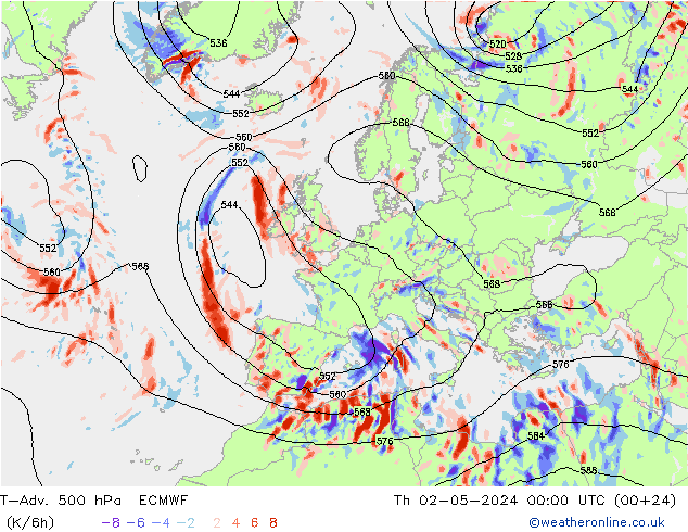 T-Adv. 500 hPa ECMWF Th 02.05.2024 00 UTC