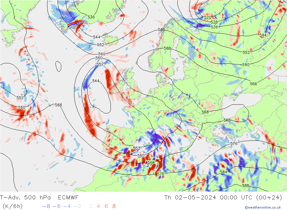 T-Adv. 500 hPa ECMWF Th 02.05.2024 00 UTC