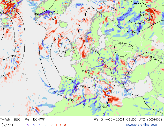 T-Adv. 850 hPa ECMWF We 01.05.2024 06 UTC