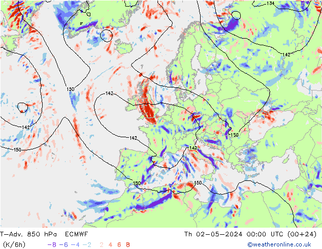 T-Adv. 850 hPa ECMWF gio 02.05.2024 00 UTC