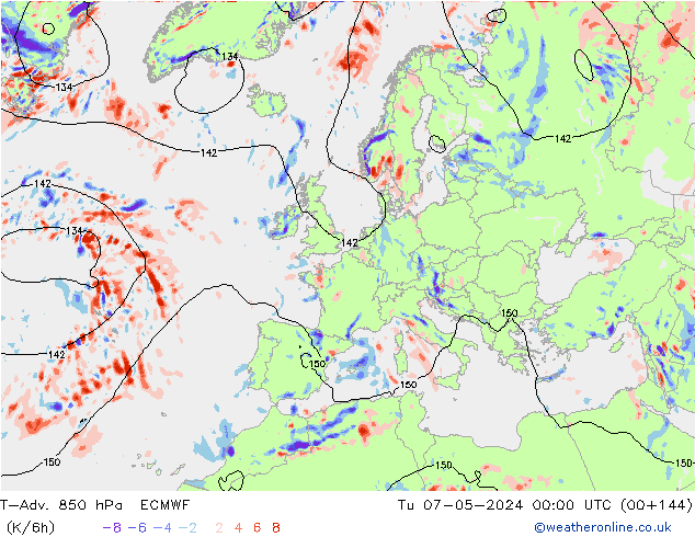 T-Adv. 850 hPa ECMWF Ter 07.05.2024 00 UTC