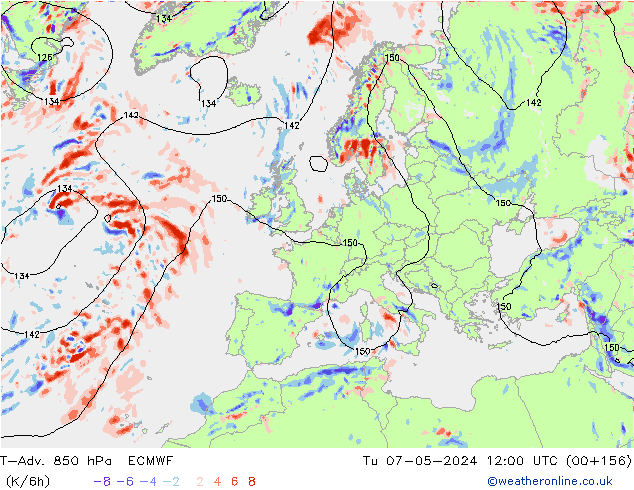 T-Adv. 850 hPa ECMWF Di 07.05.2024 12 UTC