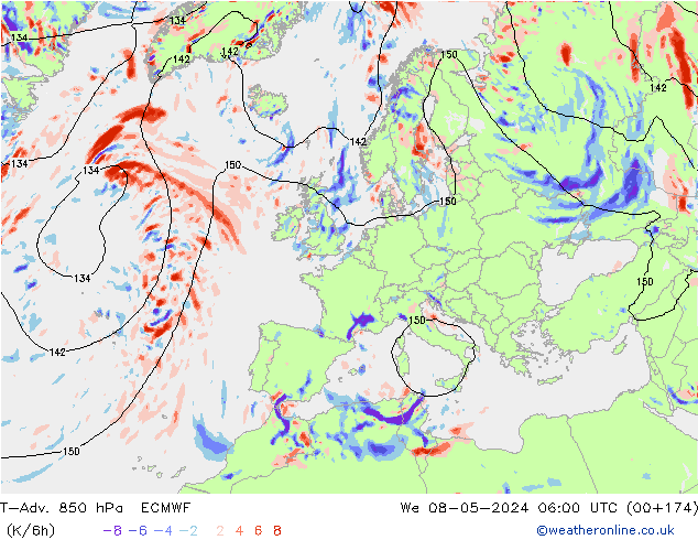 T-Adv. 850 hPa ECMWF Mi 08.05.2024 06 UTC