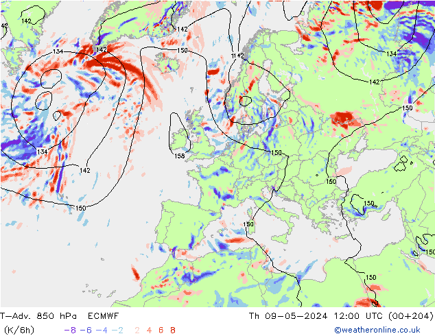 T-Adv. 850 hPa ECMWF Do 09.05.2024 12 UTC