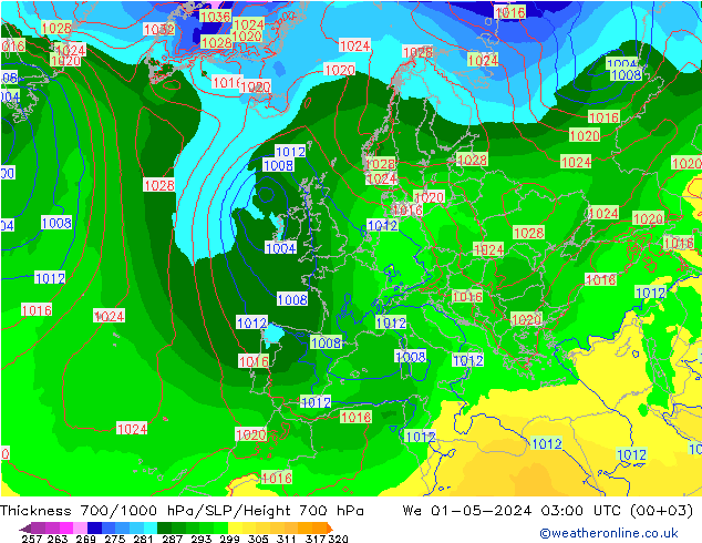 Thck 700-1000 hPa ECMWF We 01.05.2024 03 UTC