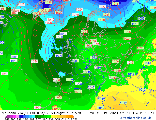 Schichtdicke 700-1000 hPa ECMWF Mi 01.05.2024 06 UTC