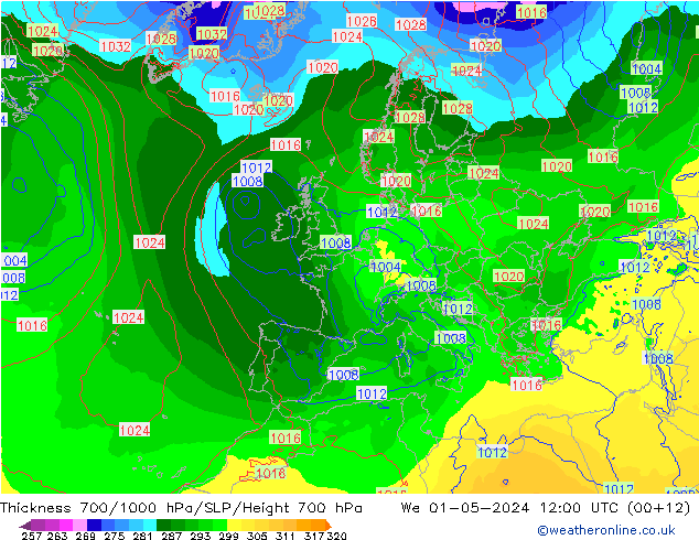 Schichtdicke 700-1000 hPa ECMWF Mi 01.05.2024 12 UTC