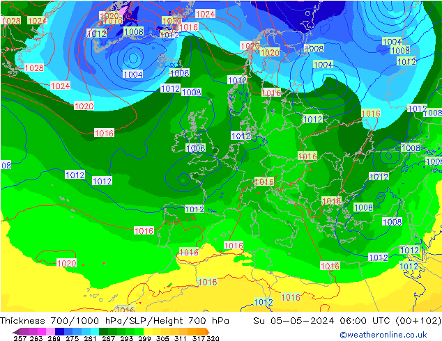 Schichtdicke 700-1000 hPa ECMWF So 05.05.2024 06 UTC