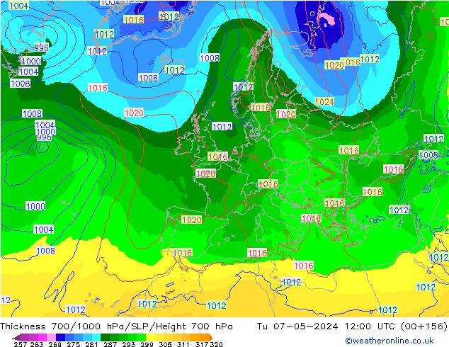 Thck 700-1000 hPa ECMWF Tu 07.05.2024 12 UTC