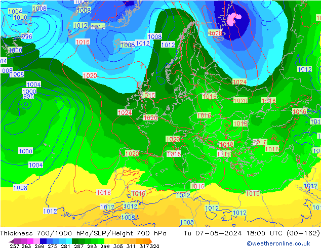 Thck 700-1000 hPa ECMWF Tu 07.05.2024 18 UTC