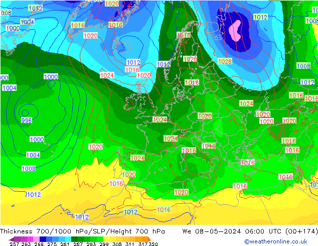 Thck 700-1000 hPa ECMWF We 08.05.2024 06 UTC