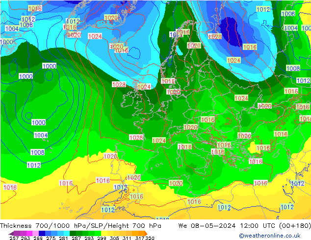 Thck 700-1000 hPa ECMWF We 08.05.2024 12 UTC