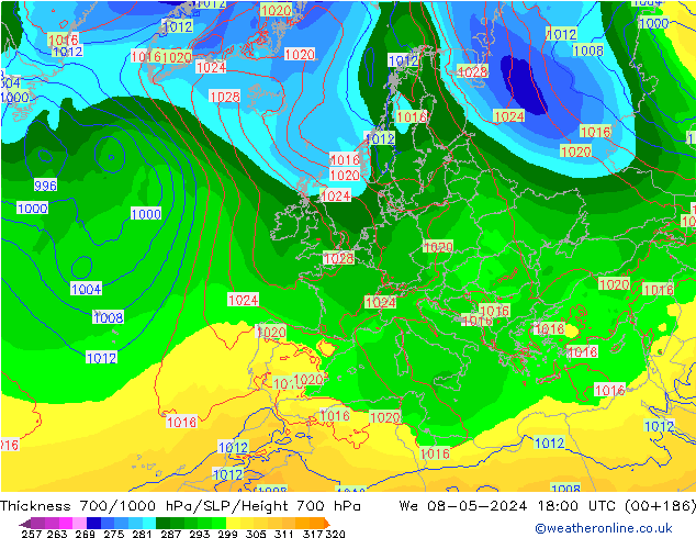 Schichtdicke 700-1000 hPa ECMWF Mi 08.05.2024 18 UTC