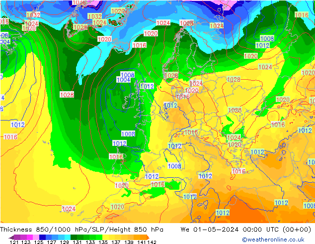 Thck 850-1000 hPa ECMWF mer 01.05.2024 00 UTC