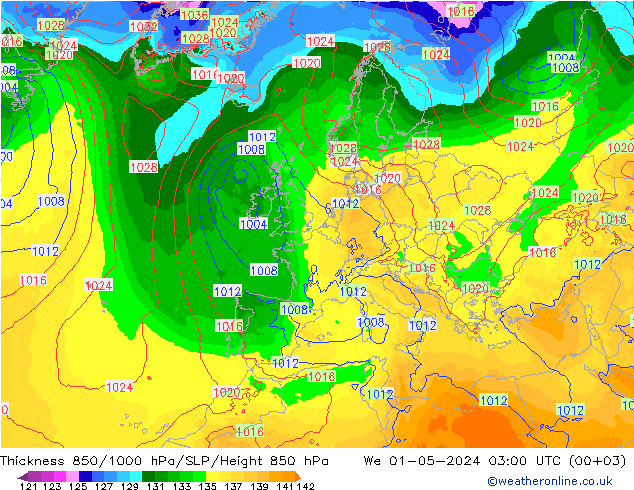 Schichtdicke 850-1000 hPa ECMWF Mi 01.05.2024 03 UTC