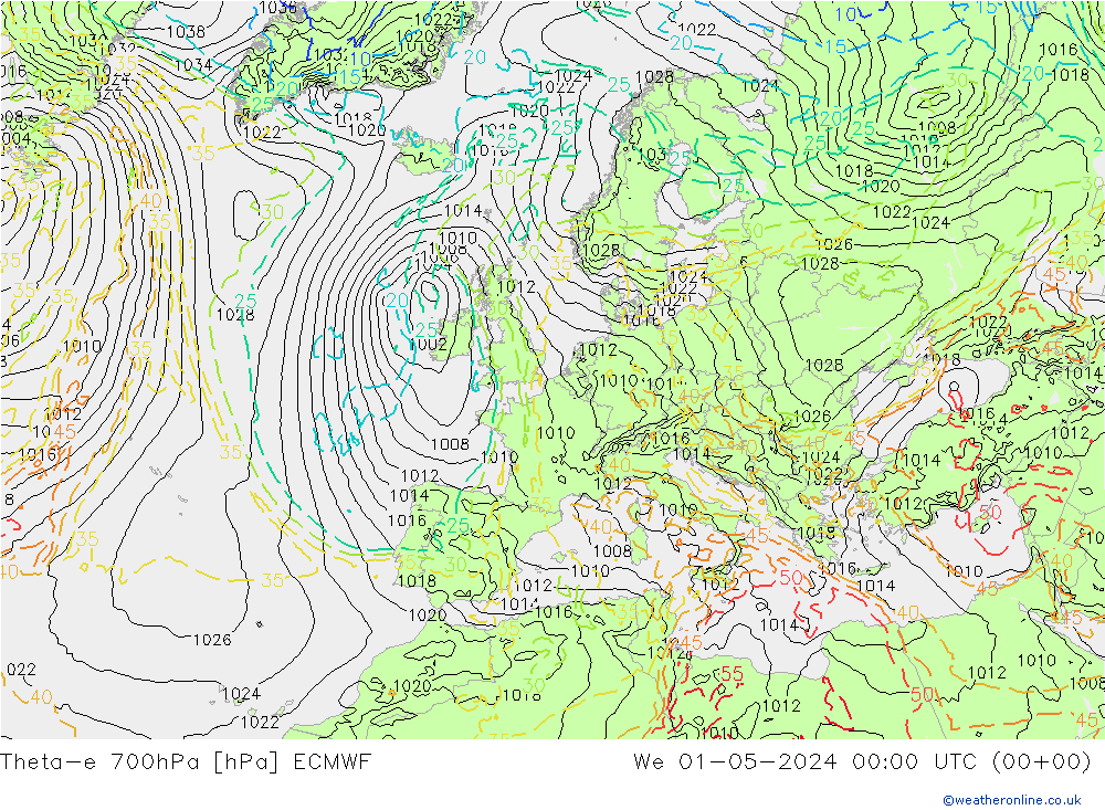 Theta-e 700hPa ECMWF śro. 01.05.2024 00 UTC