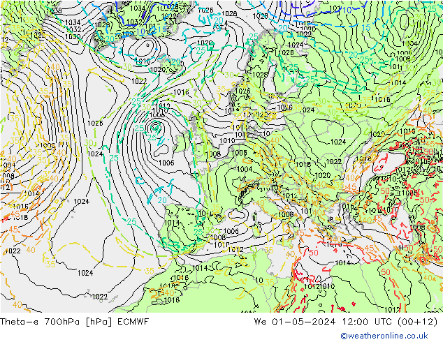 Theta-e 700hPa ECMWF Mi 01.05.2024 12 UTC