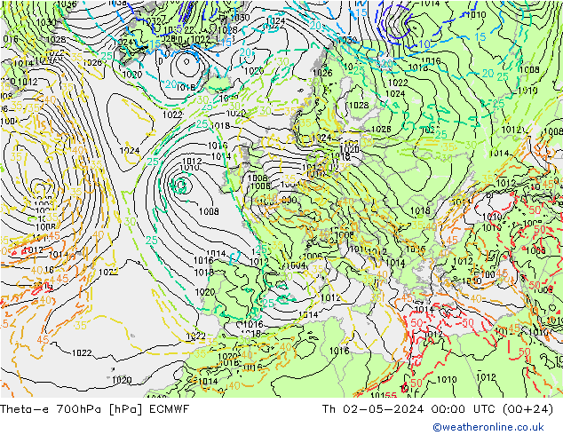 Theta-e 700hPa ECMWF Do 02.05.2024 00 UTC