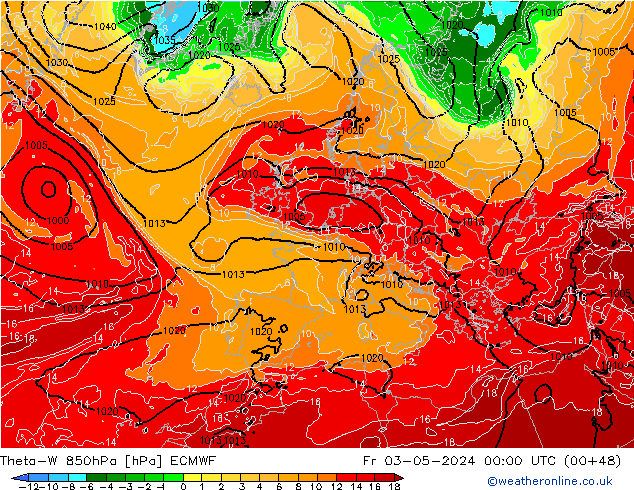 Theta-W 850hPa ECMWF Sex 03.05.2024 00 UTC