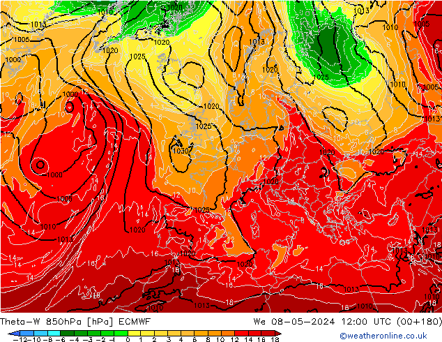 Theta-W 850hPa ECMWF Mi 08.05.2024 12 UTC