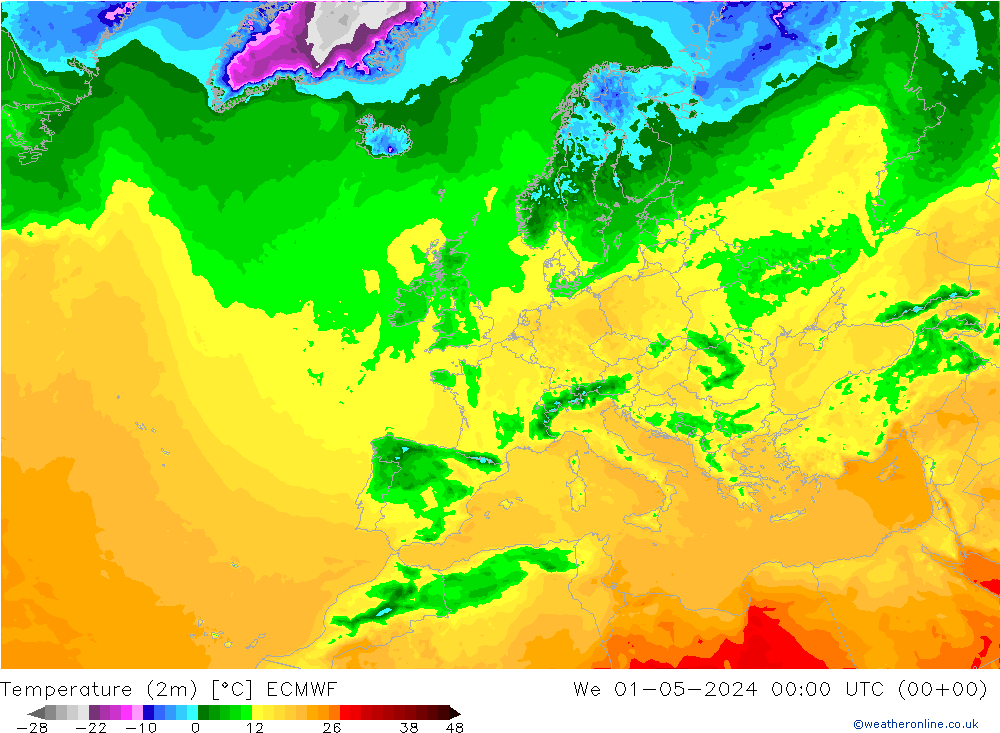 Temperature (2m) ECMWF We 01.05.2024 00 UTC