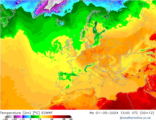 Temperatura (2m) ECMWF mer 01.05.2024 12 UTC