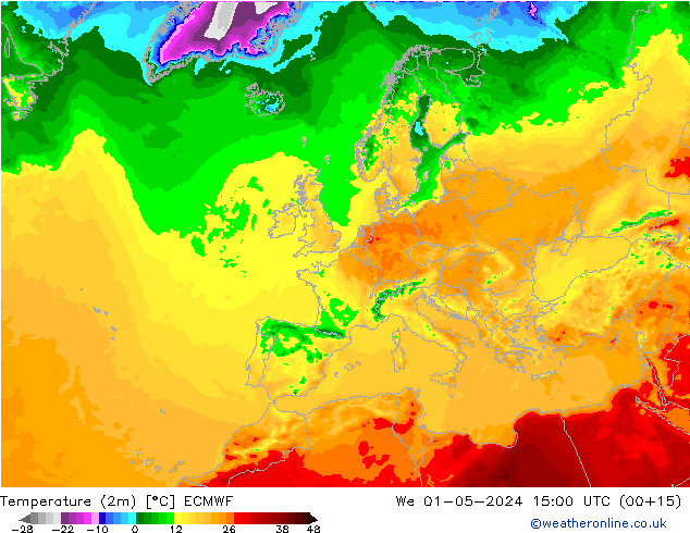 Temperatuurkaart (2m) ECMWF wo 01.05.2024 15 UTC