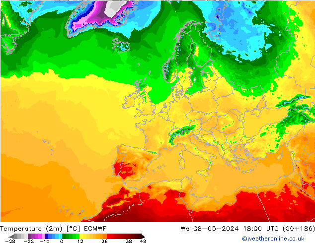 Temperaturkarte (2m) ECMWF Mi 08.05.2024 18 UTC