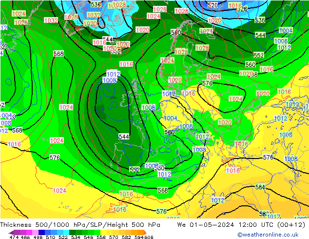 Thck 500-1000hPa ECMWF St 01.05.2024 12 UTC