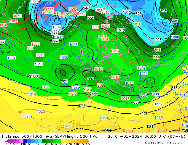 Espesor 500-1000 hPa ECMWF sáb 04.05.2024 06 UTC