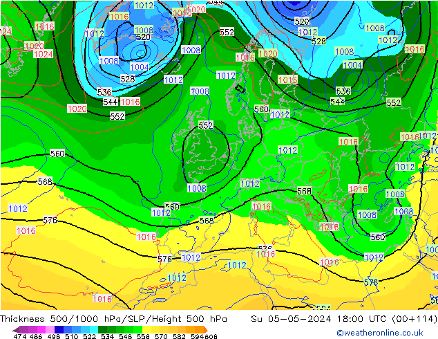 Schichtdicke 500-1000 hPa ECMWF So 05.05.2024 18 UTC