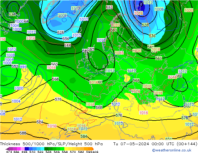 Schichtdicke 500-1000 hPa ECMWF Di 07.05.2024 00 UTC