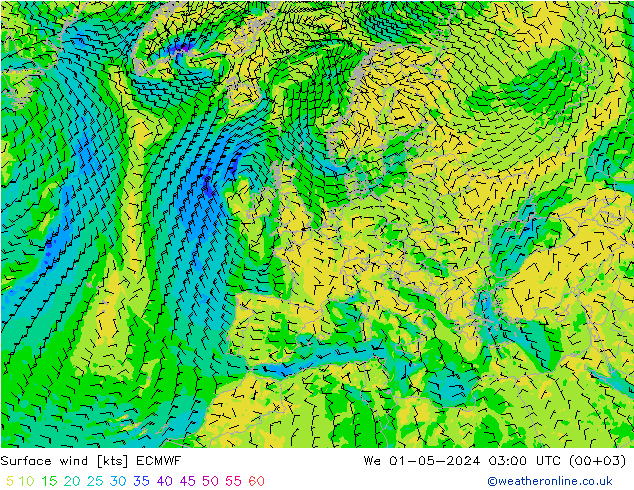 Vento 10 m ECMWF mer 01.05.2024 03 UTC