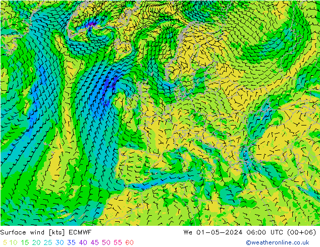 Vento 10 m ECMWF mer 01.05.2024 06 UTC