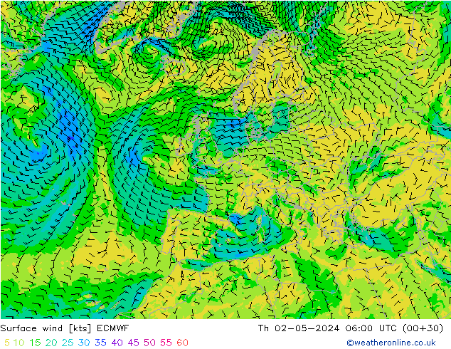 Vento 10 m ECMWF gio 02.05.2024 06 UTC