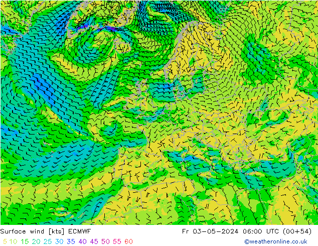 wiatr 10 m ECMWF pt. 03.05.2024 06 UTC